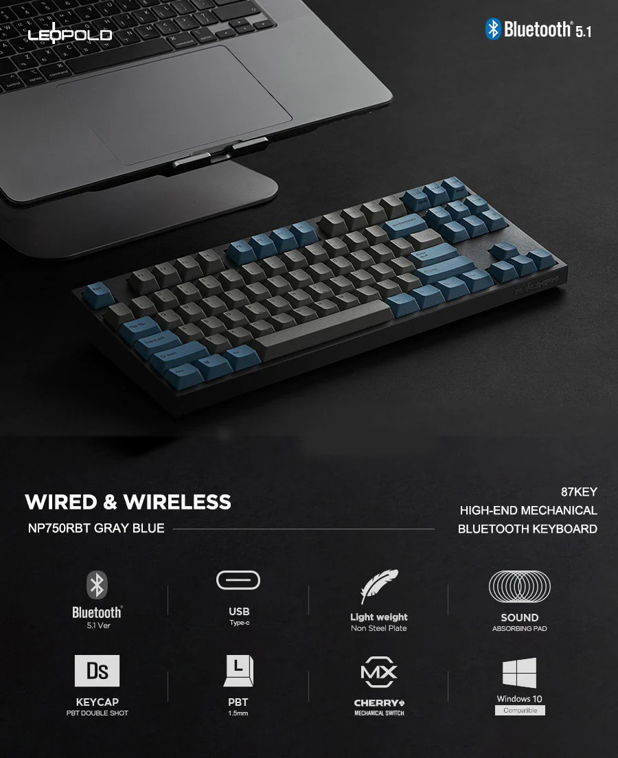 Leopold NP750RBT Grey / Blue Wireless Mechanical Keyboard - Image 4