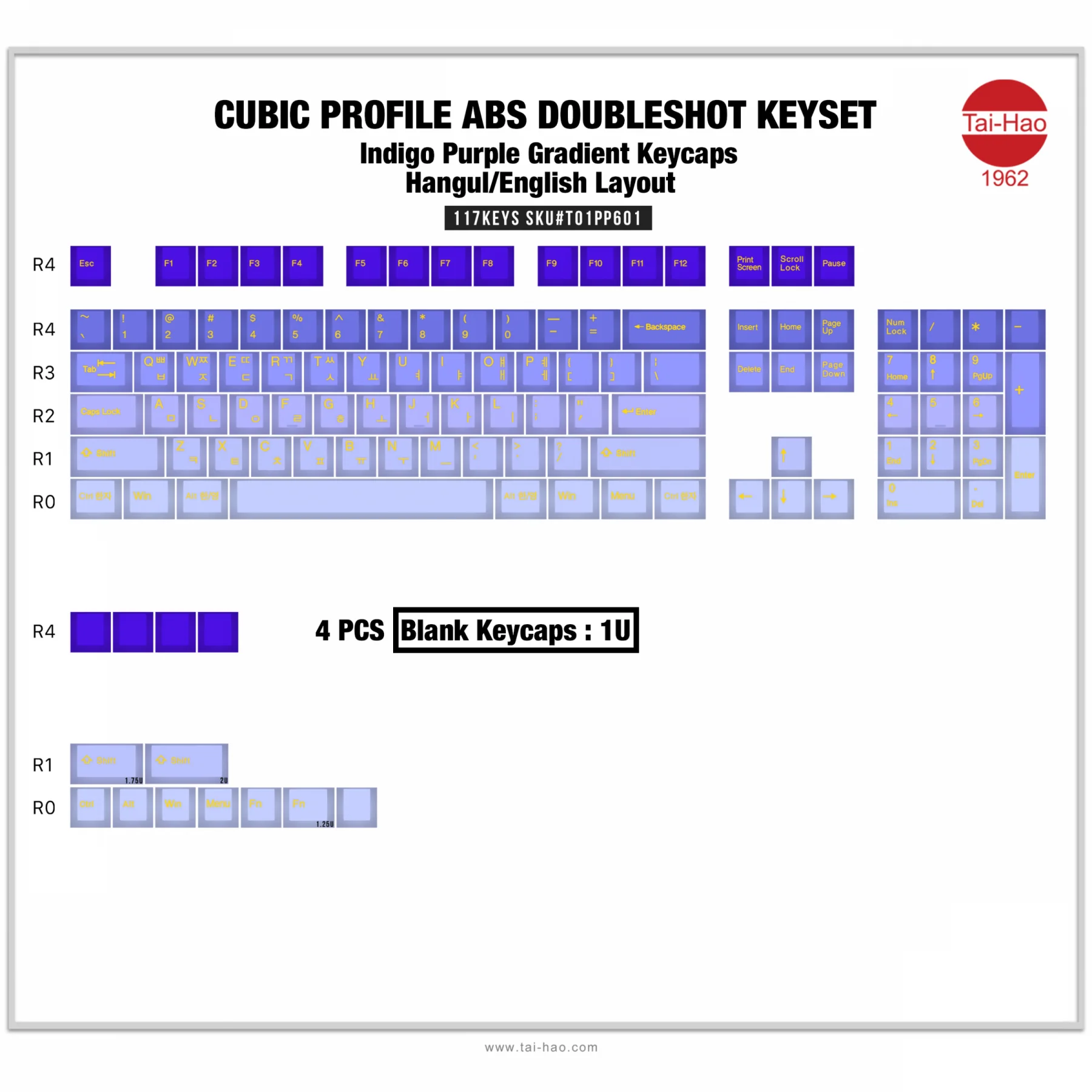 Tai-Hao Indigo Purple Gradient Hangul & English 117 Key Cubic Profile Double Shot ABS Keycap Set - Image 9